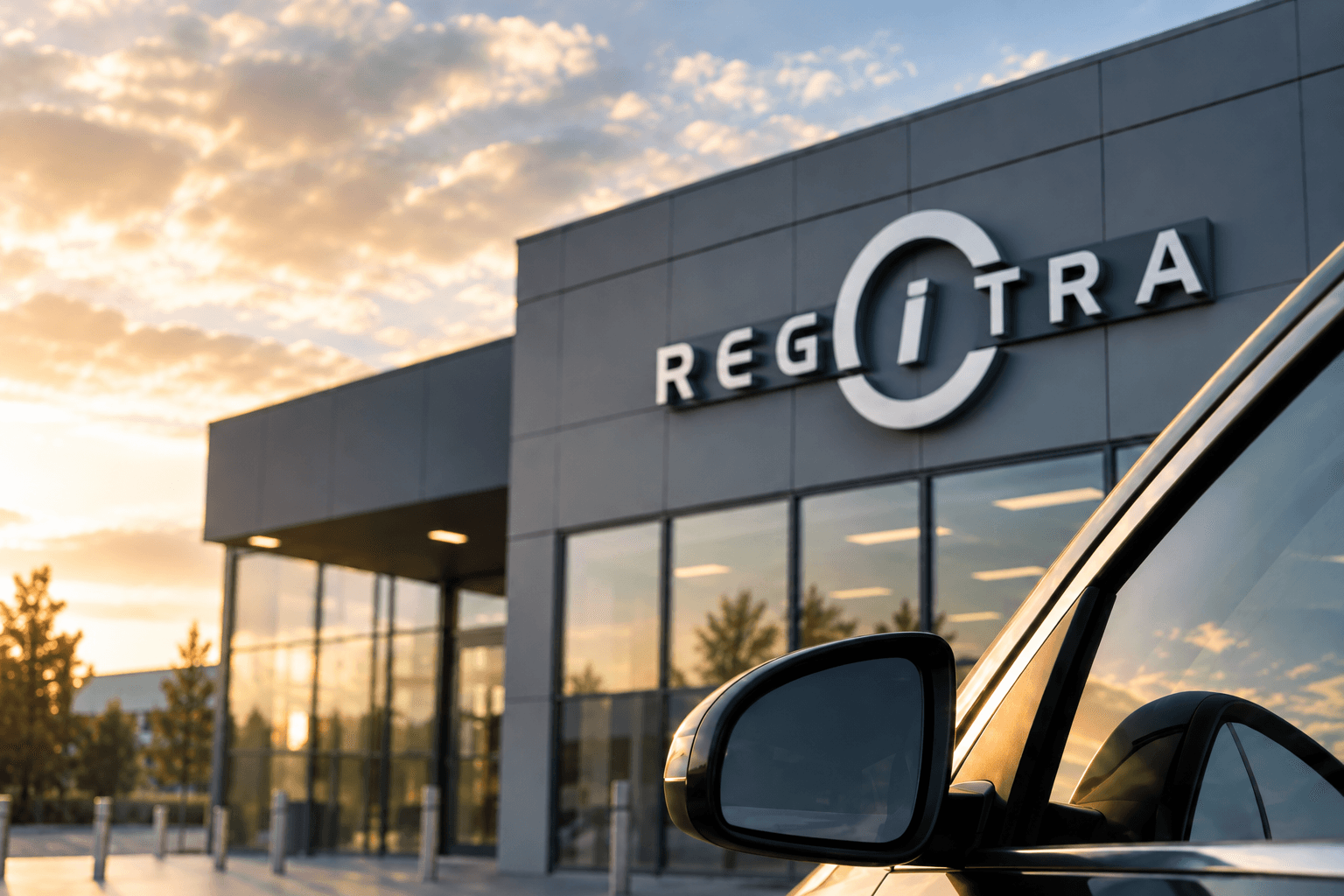 „Regitros“ pastatas ir tamsus automobilis vakaro šviesoje – iliustracinis vaizdas