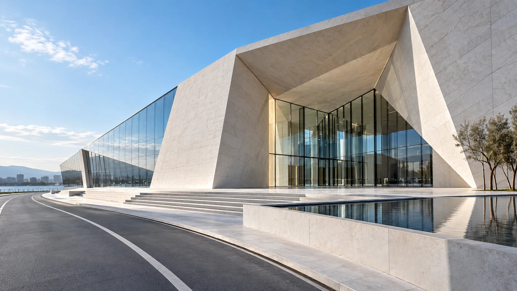 Šviesi moderni kelių ir architektūros kompozicija